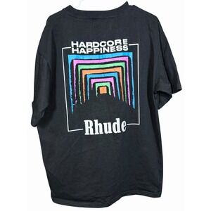 Rhude XL Hardcore Happiness T-Shirt Black Multicolor Graphic Tee Made in USA
